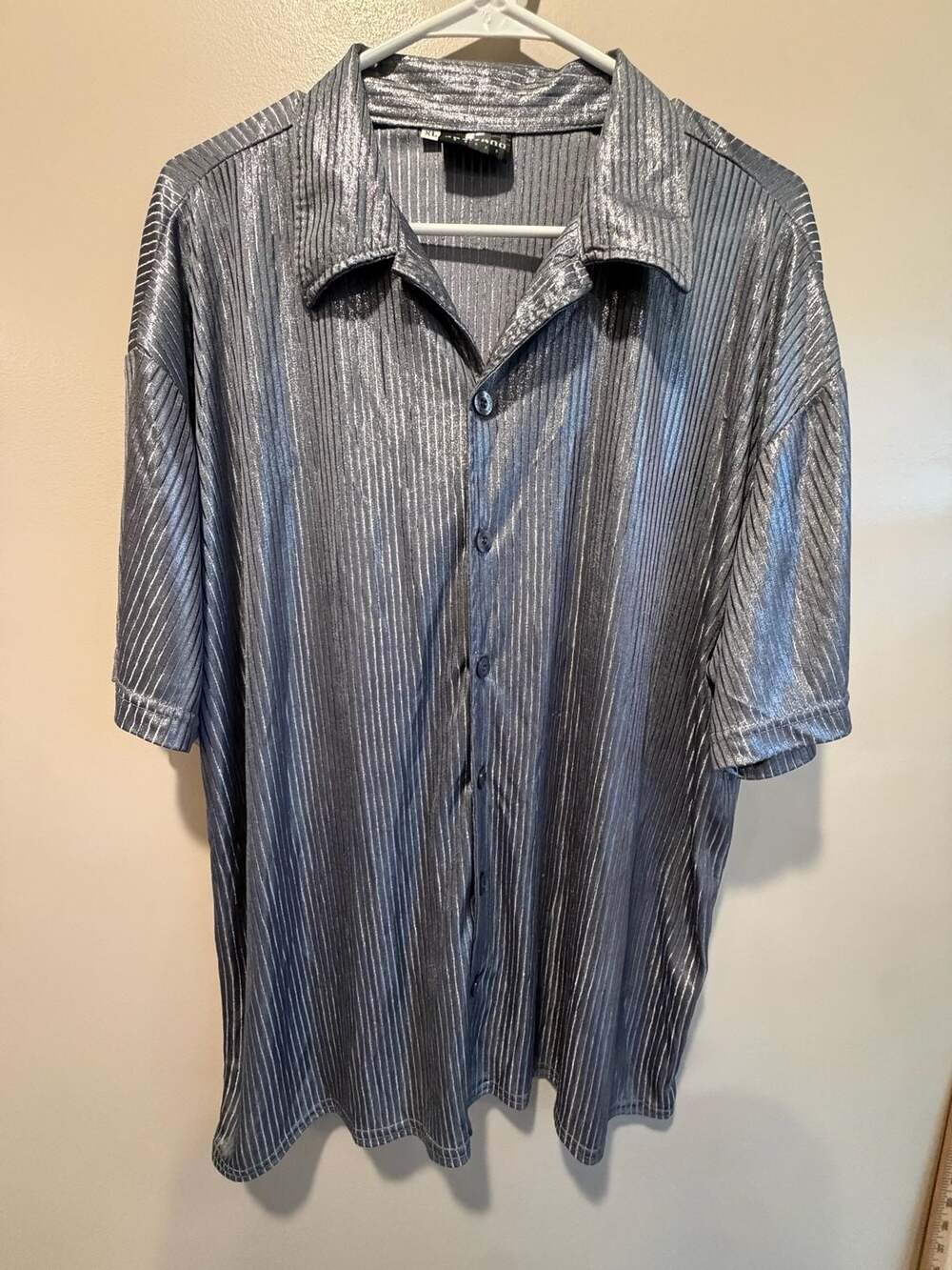 Vintage Positano Metallic Pleated Short Sleeve Button Down Shirt Size XL